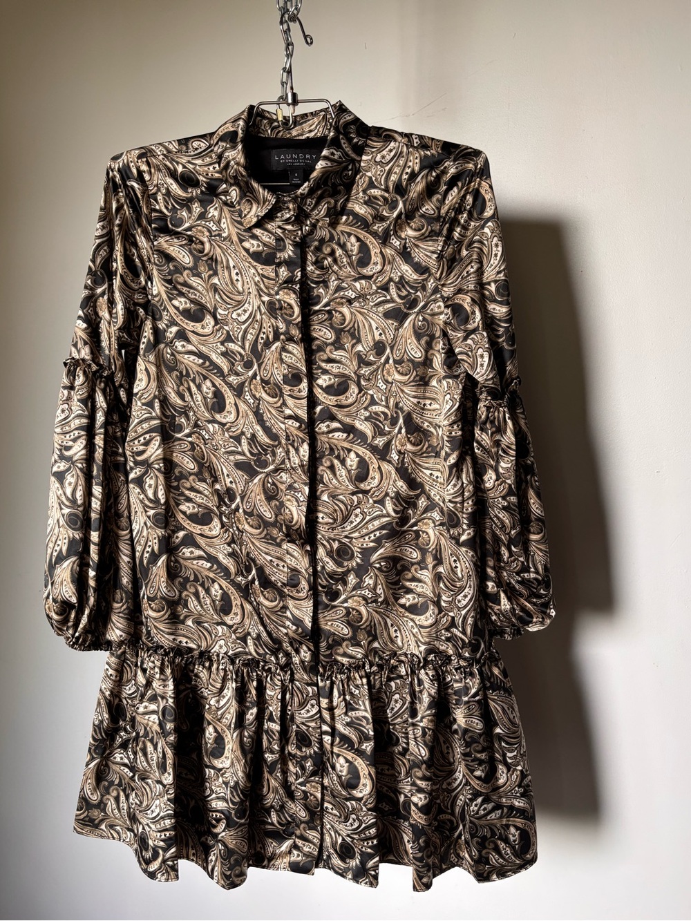 Laundry By Shelli Segal Mini Dress Paisley Print Ruffle Hem Olive/Black